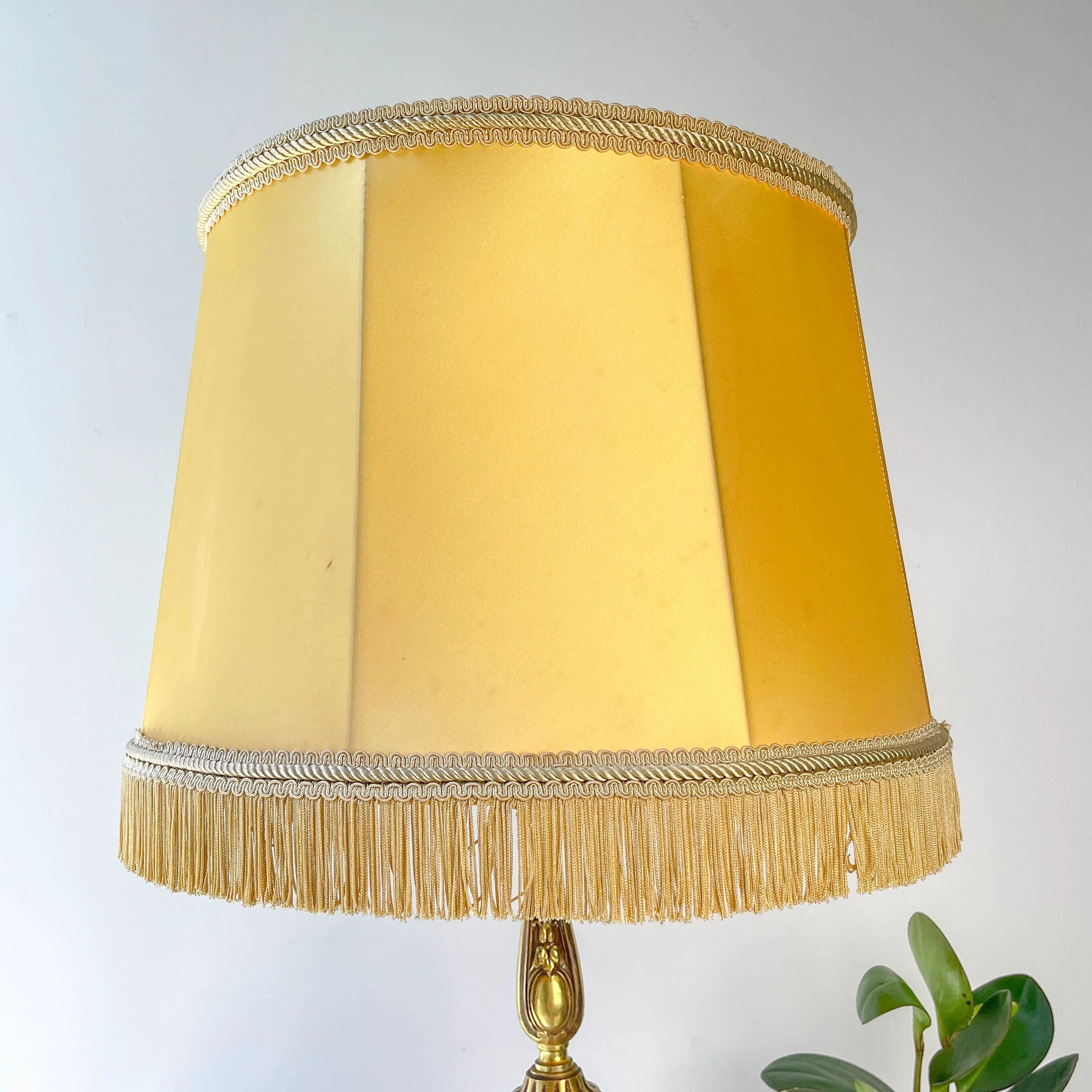 Louis XVI style gilt bronze lamp with yellow fringed shade - elegant vintage antique lamp