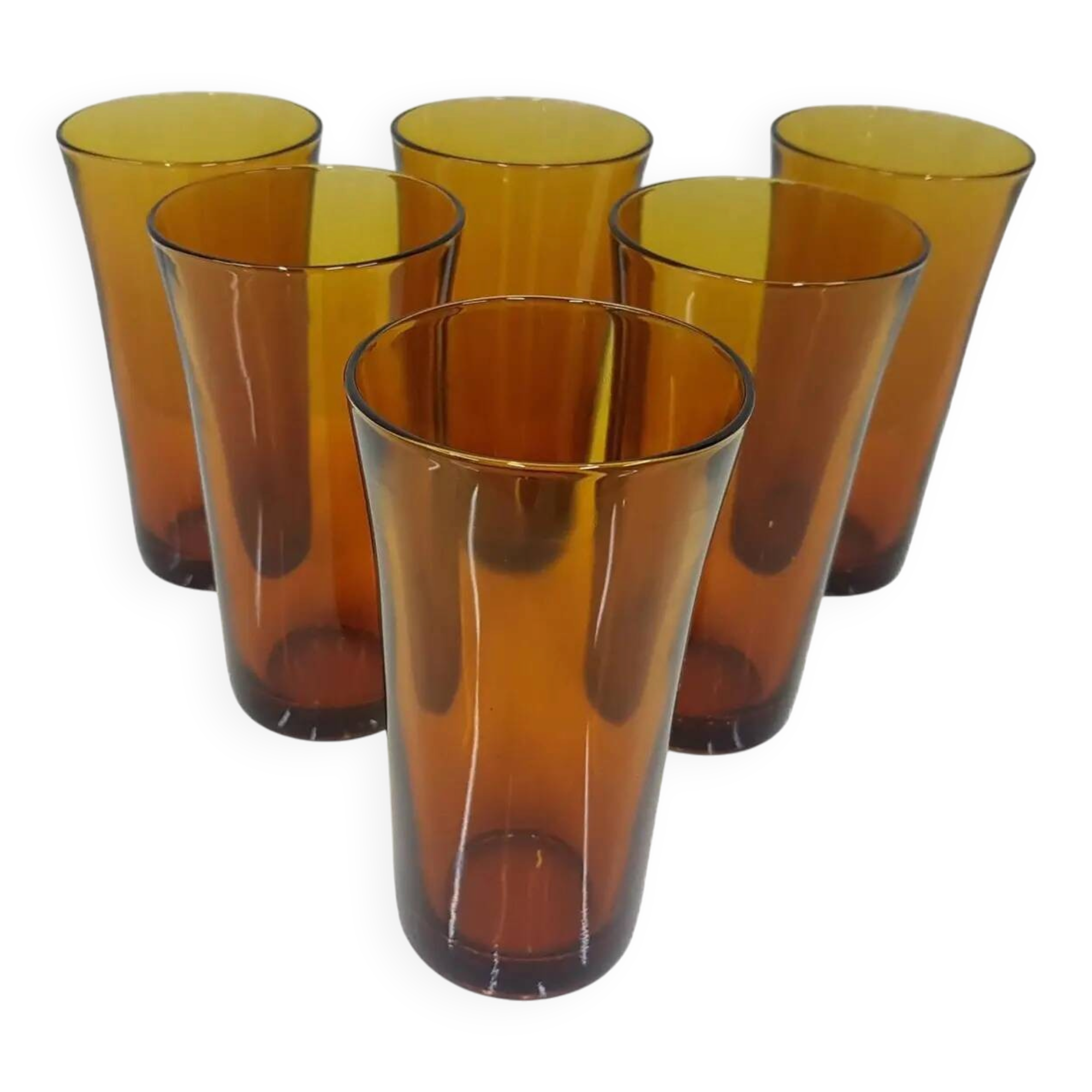 Set of six amber glass tumblers, Duralex, France, 1980s.