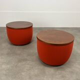 Pair of space age side tables, red velvet from the 70s