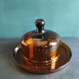 Plat à fromage vintage en verre ambré français