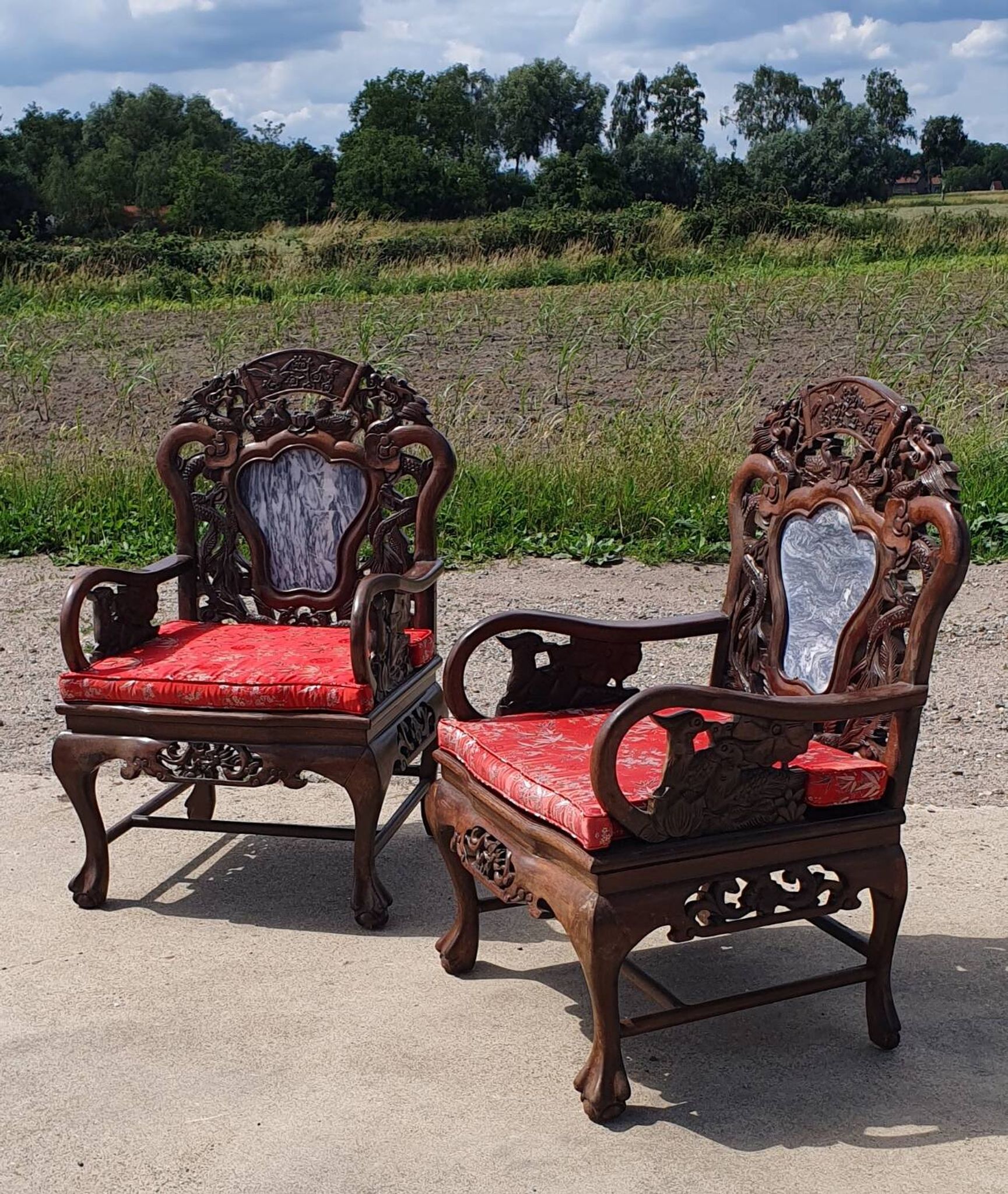 Set of 2 vintage Chinese Asian chairs in carved rosewood with marble.