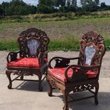 Set 2 vintage Chinese Asian chairs carved rosewood with marble