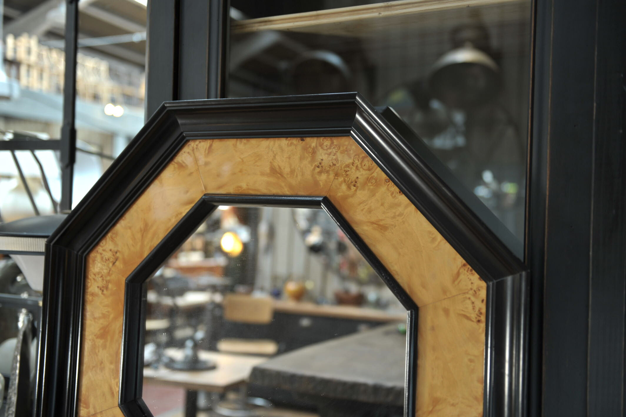Octagonal vintage wooden mirror of the 1970s - 72cm