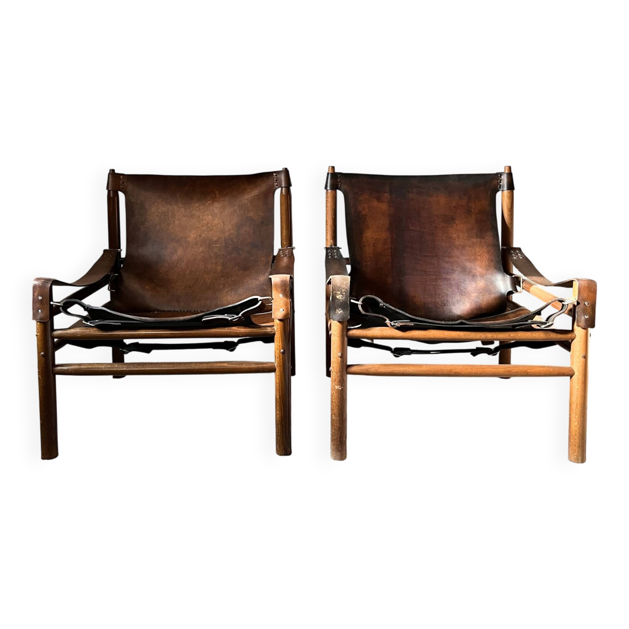 Buffalo Leather Safari Armchair in Pair, Solid Oak Frame, Vintage Style, 19
