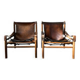 Buffalo Leather Safari Armchair in Pair, Solid Oak Frame, Vintage Style, 19