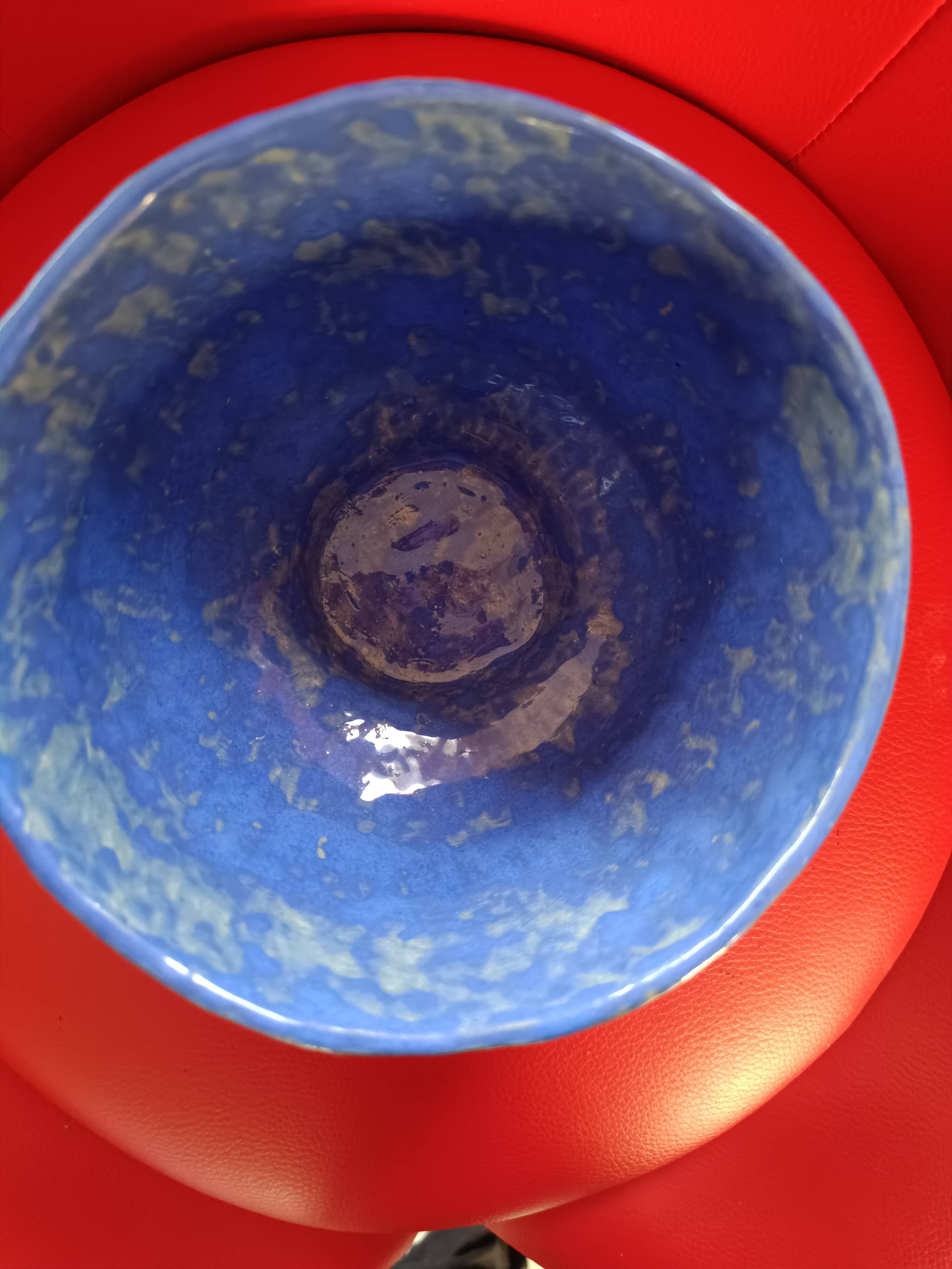 Large blue glazed stoneware bowl.