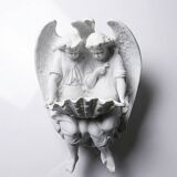 Porcelain biscuit holy water font with 2 angels, antique 1900-1930, Germany.