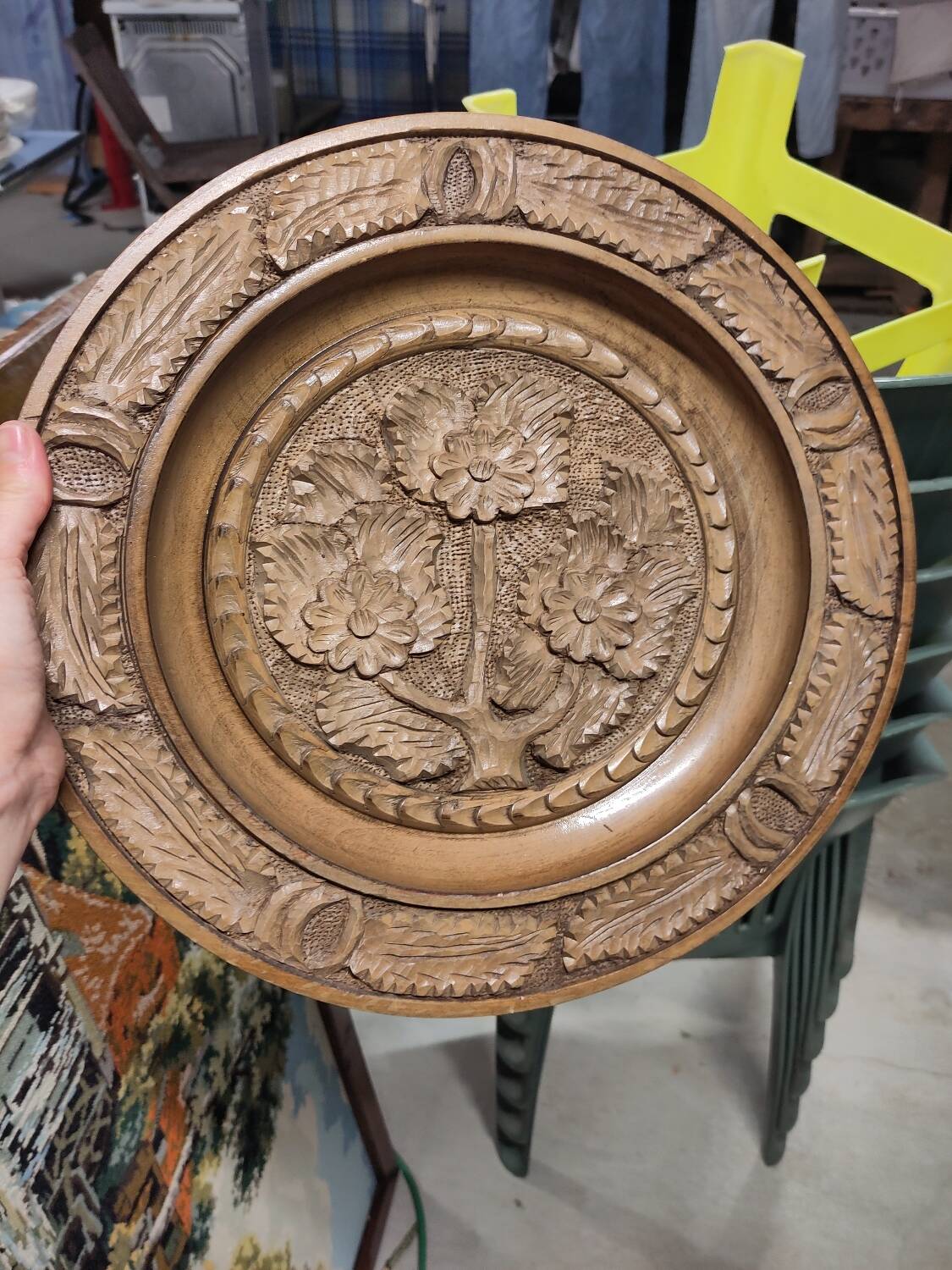 Round carved wooden dish