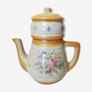 Old stoneware coffee maker yellow floral pattern