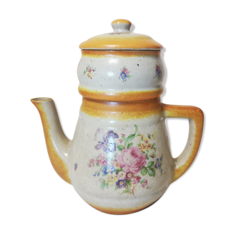 Cafetière ancienne en grès motif fleuri jaune