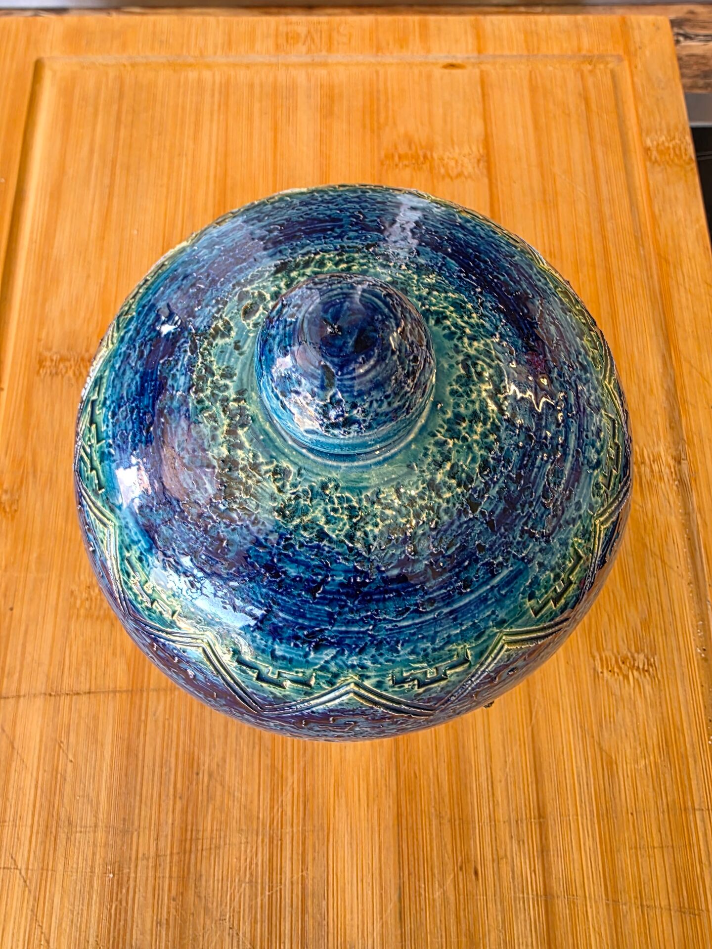 Vintage ceramic bonbonnière in Bitossi Rimini Blue style.