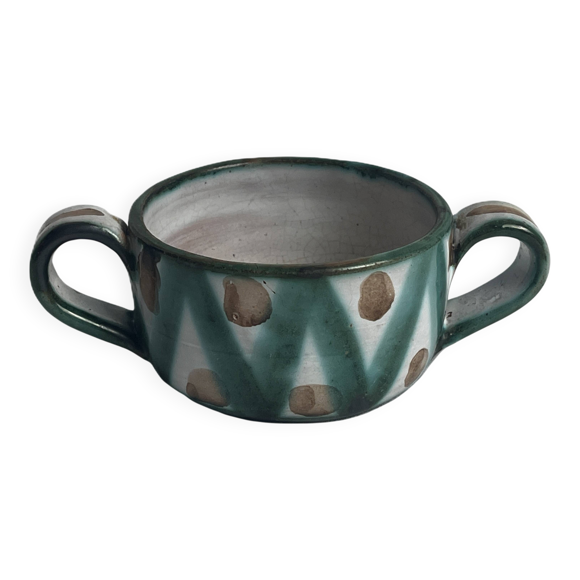 Robert Picault, bowl with two handles, polychrome earthenware, 20th century.