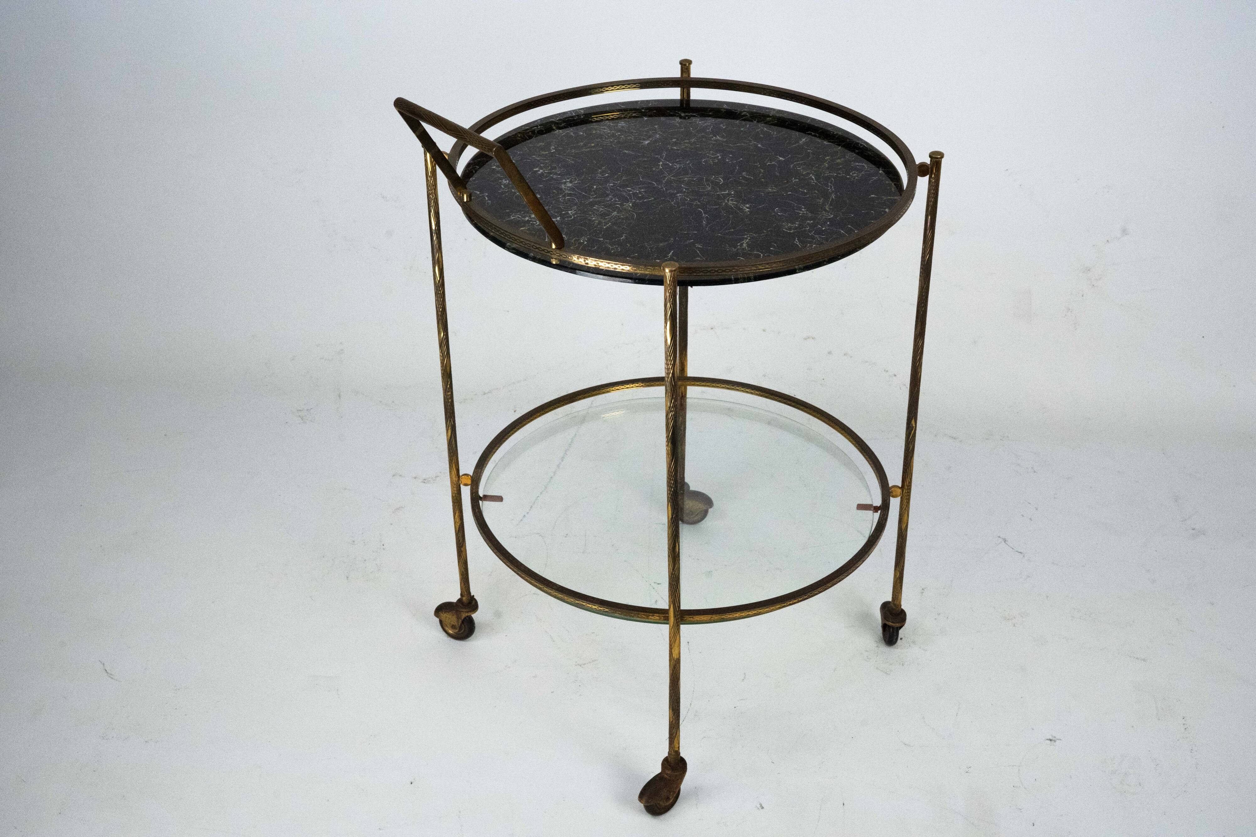 Round Mid-Century Brass and Marble-Effect Glass Bar Cart. Italy 1950s