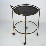 Round Mid-Century Brass and Marble-Effect Glass Bar Cart. Italy 1950s