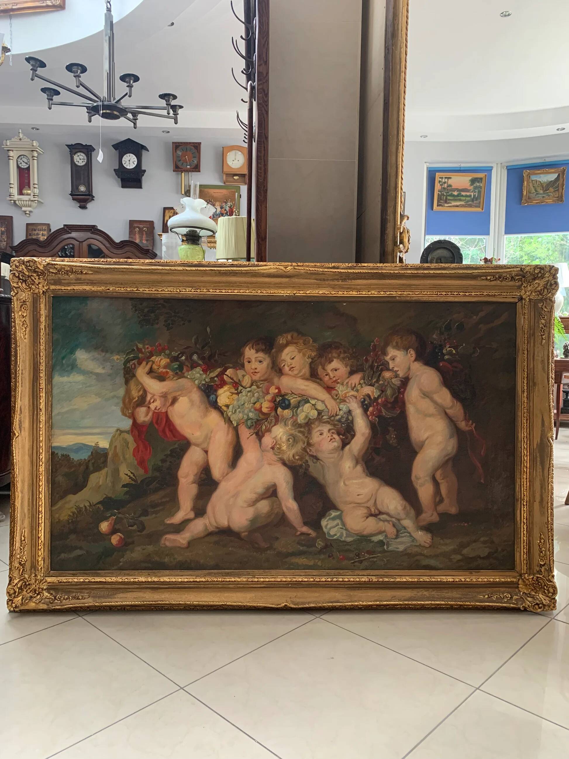 Oskar Krenzer, Putti avec guirlande d’après Rubens, huile sur toile