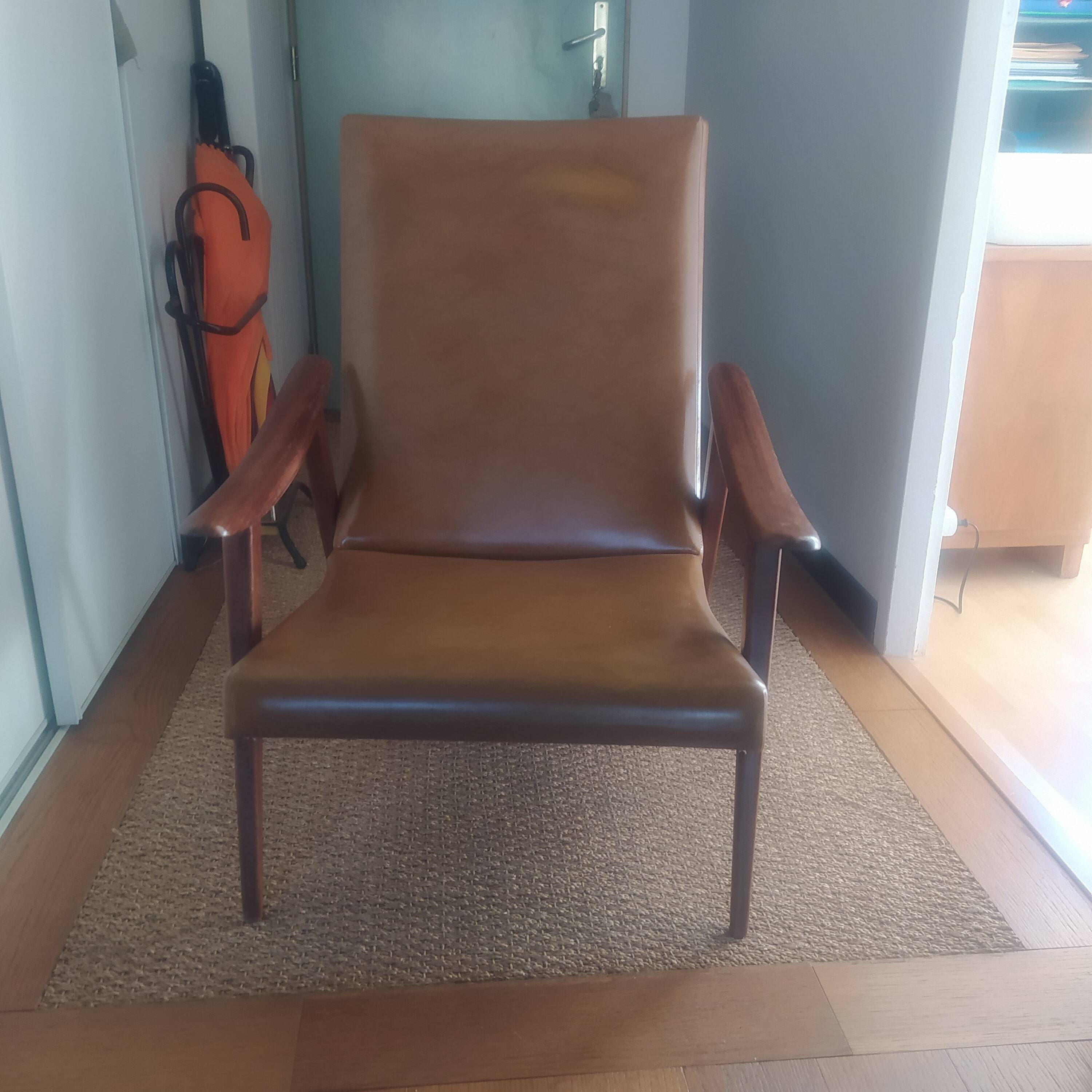 Vintage Boomerang armchair 1950 brown imitation leather