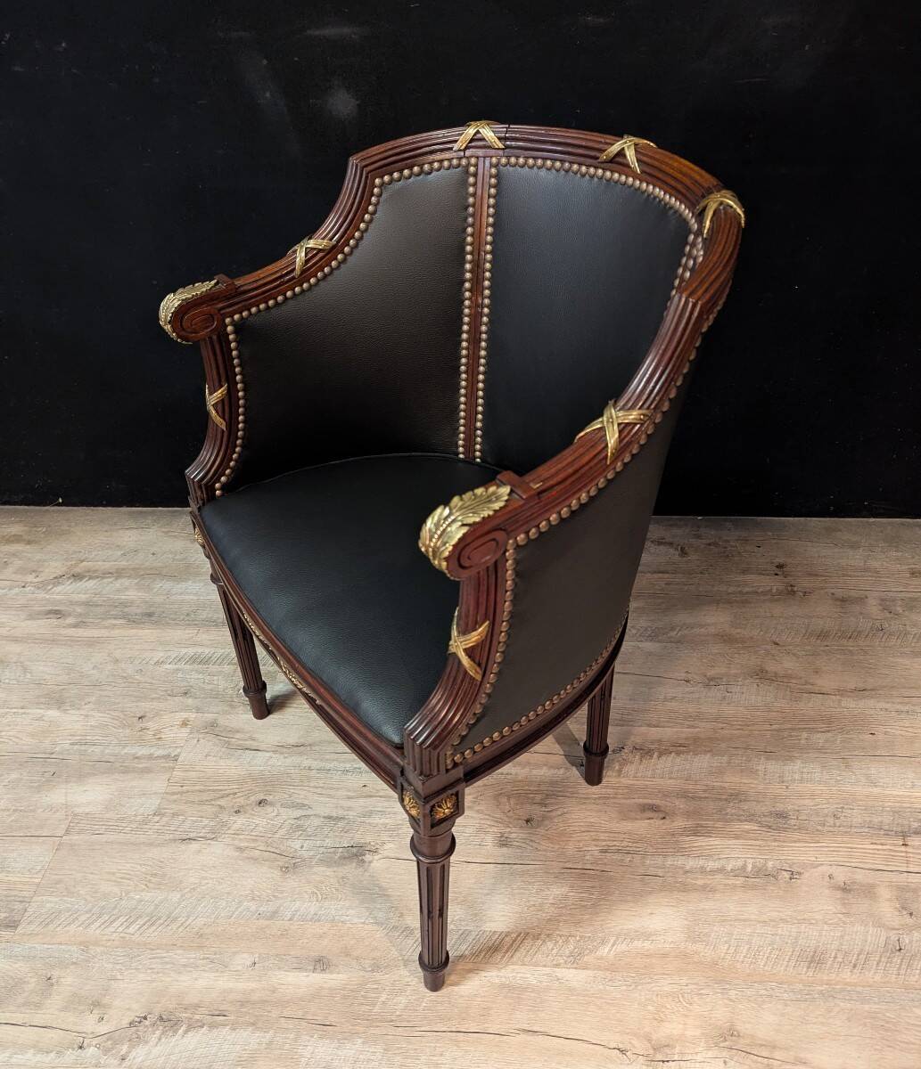 Louis XVI style office chair in mahogany and gilded bronze