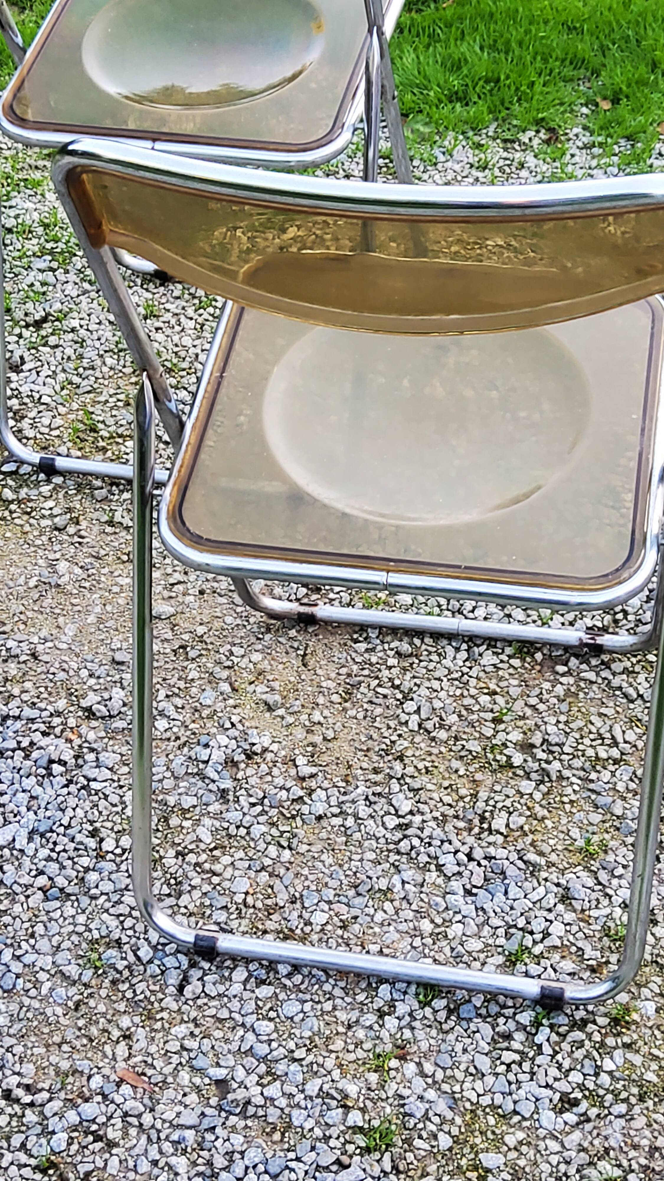 Set of 4 70s design folding chairs in smoked plexiglass and chrome metal